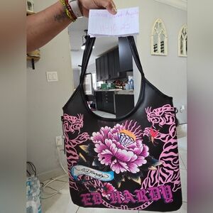 Ed Hardy Black and Pink Floral Shoulder Bag